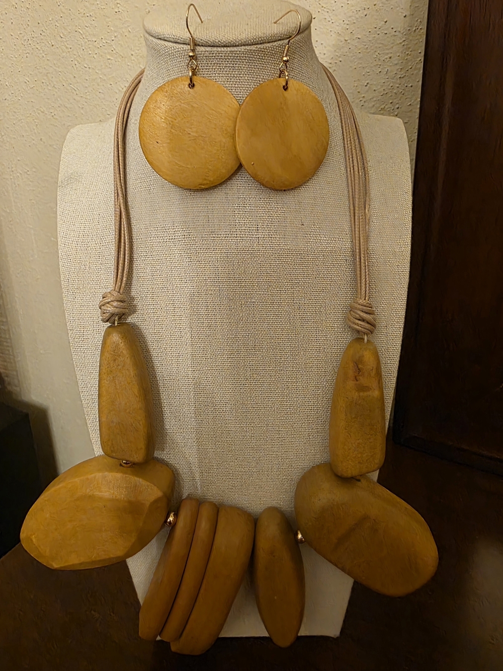 Tan Wooden Statement Necklace & Earring Set - Handcrafted Style